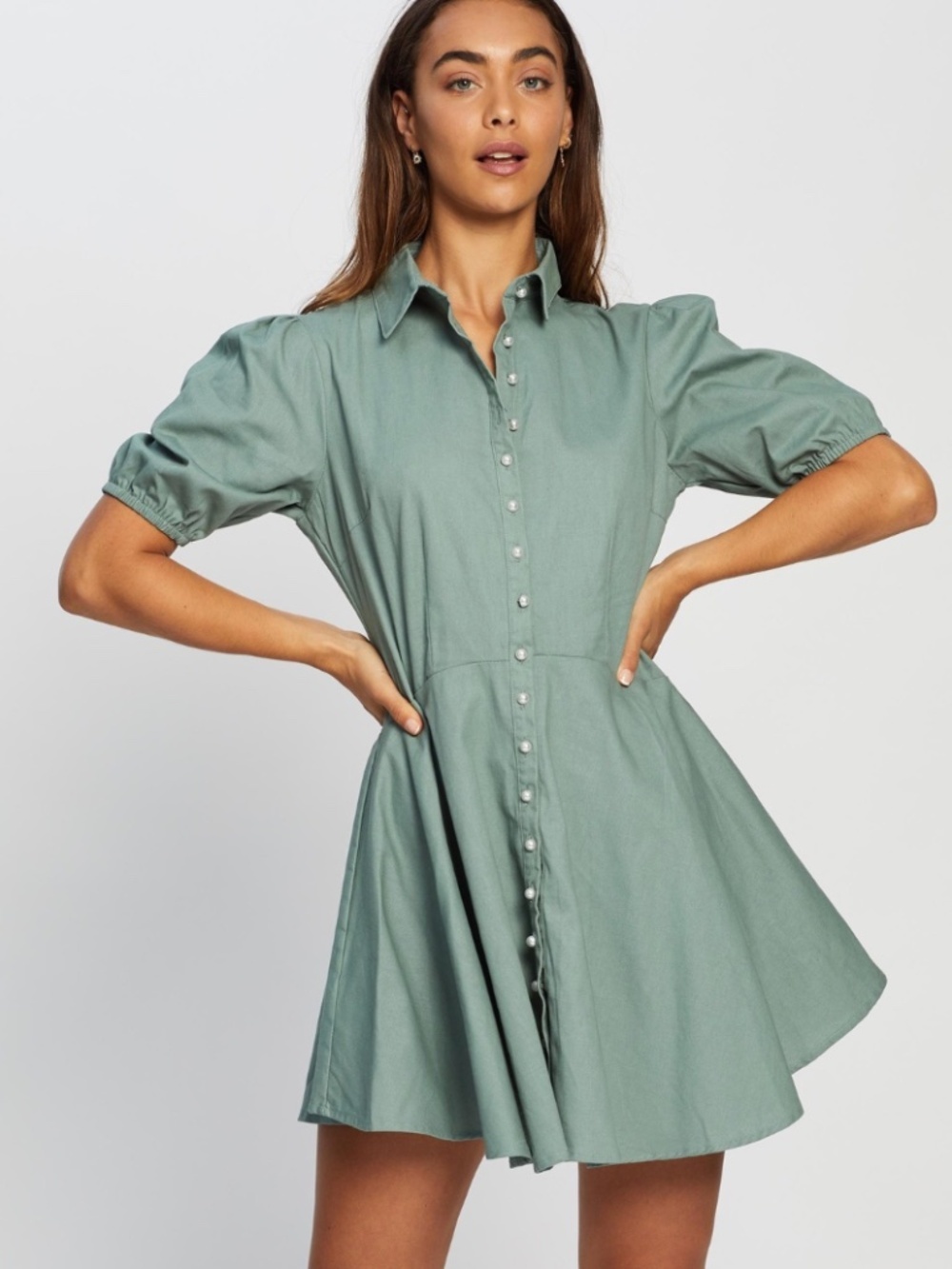 Missguided Cotton Pearl Skater Shirt Dress In Light Green Size 6